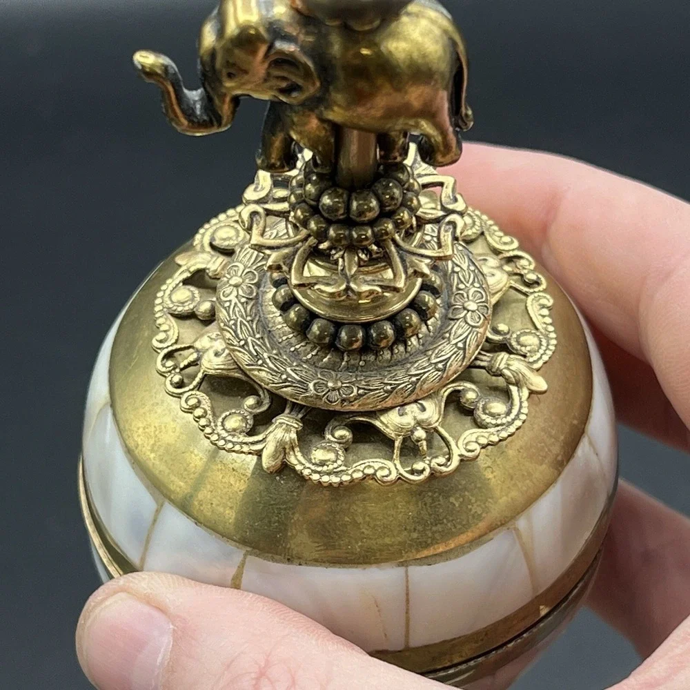 Ornate Brass Mother of Pearl Elephant Oil Lamp Glass Decorative Jeweled 4.5